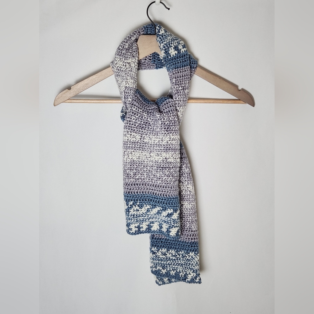 Blue and Gray, White Gradient Fair Isle Crochet Colorwork Knit Scarf Wide